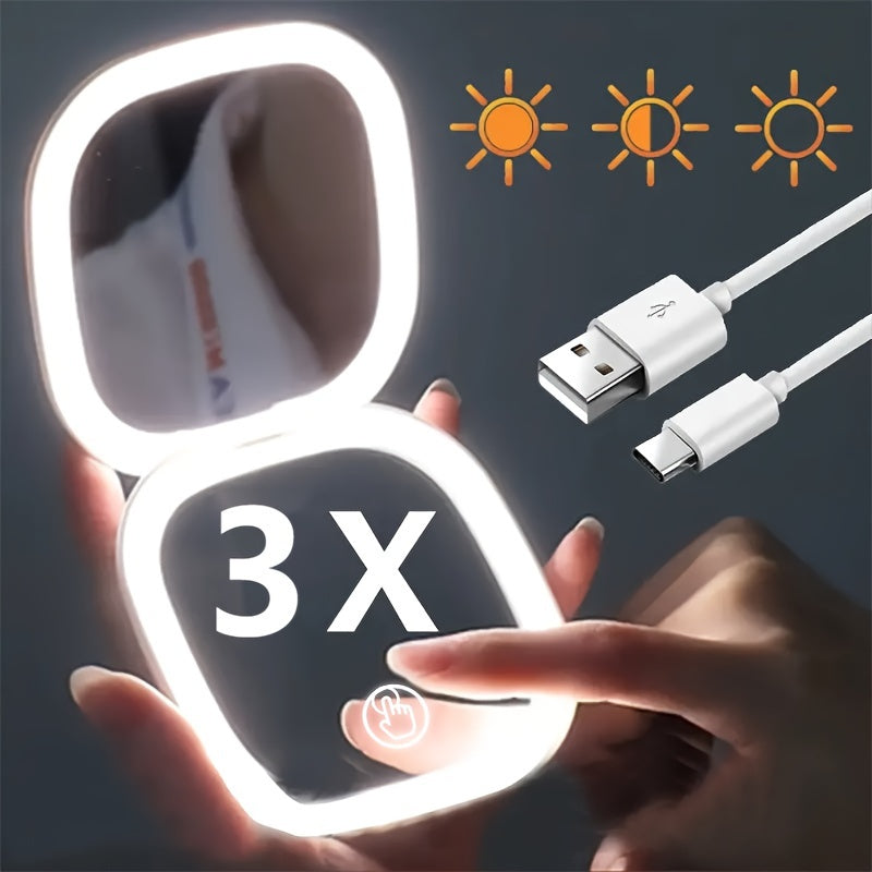 Foldable LED Travel Makeup Mirror - Double-Sided 1X/2X/3X Magnification, Adjustable Brightness, Rechargeable USB Pocket Mirror