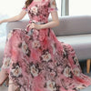 Pink & White Floral Midi Dress with Adjustable Waist Tie - A-Line Short Sleeve Crew Neck