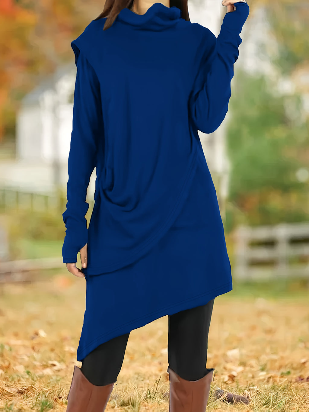 Women's Asymmetrical High-Neck Long Sleeve Tunic Dress, Knit Polyester Pencil Skirt, All-Season Casual