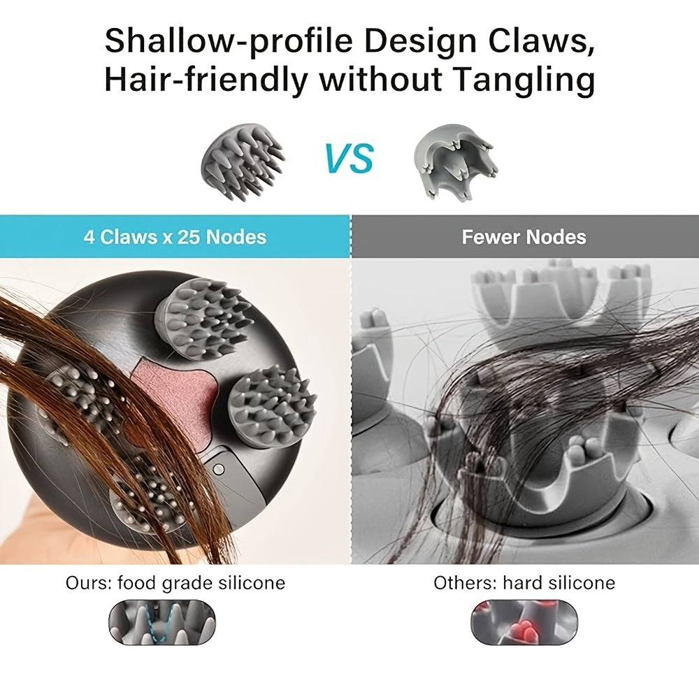 USB Rechargeable Hanging Rope Scalp Massager – 5-in-1 Kneading, 96 Massage Nodes, Handheld Portable Head Scratcher & Deep Hair Cleaner, Silvery