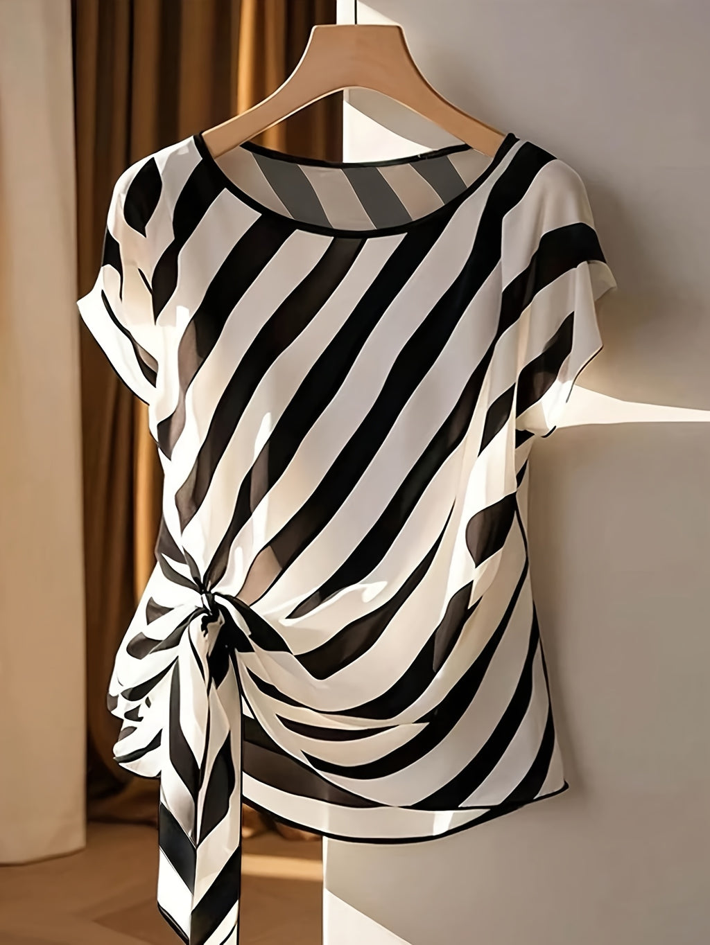 Women's French-Inspired Sleeveless Bow Blouse – Semi-Sheer Striped Crew-Neck Top for Spring, Summer & Fall