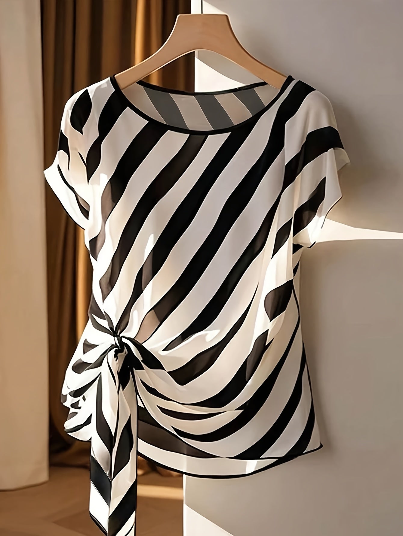 Women's French-Inspired Sleeveless Bow Blouse – Semi-Sheer Striped Crew-Neck Top for Spring, Summer & Fall