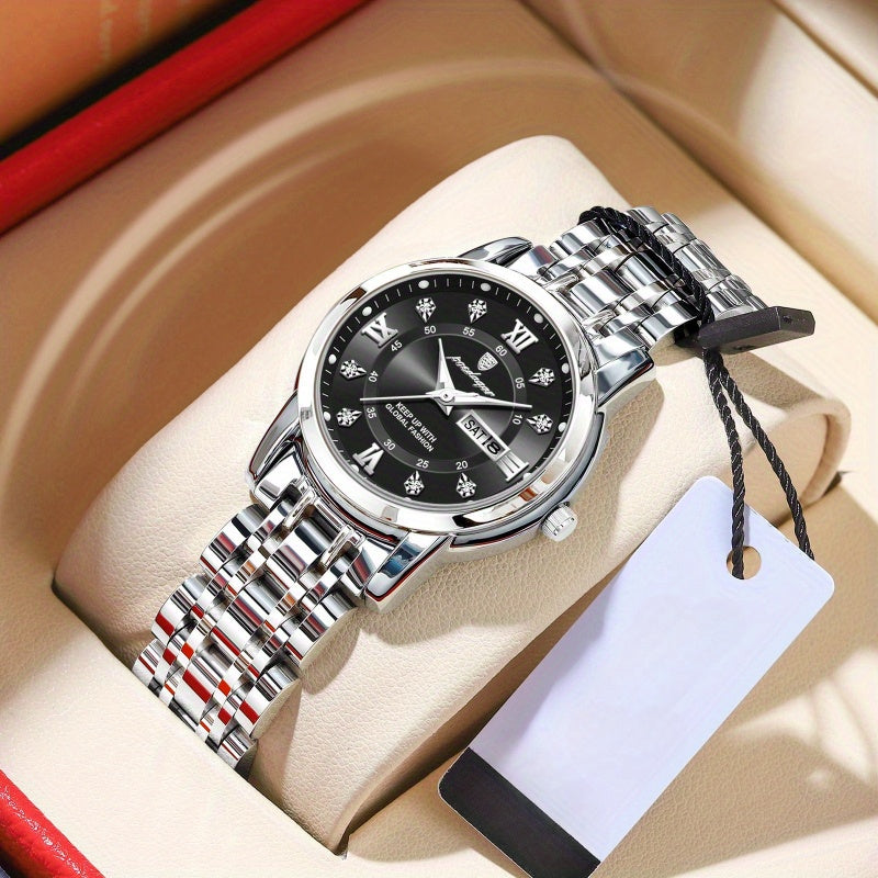 POEDAGAR Women's Elegant Mechanical Watch - Round Dial, Gold-Tone Hands, Stainless Steel Bracelet, Dual Day & Month Display, Jewelry-Style Wristwatch for Everyday & Formal Wear