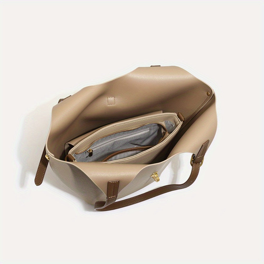 Women's Khaki PU Bucket Bag - Large Capacity Shoulder, Handheld & Crossbody Handbag with Tartan Pattern