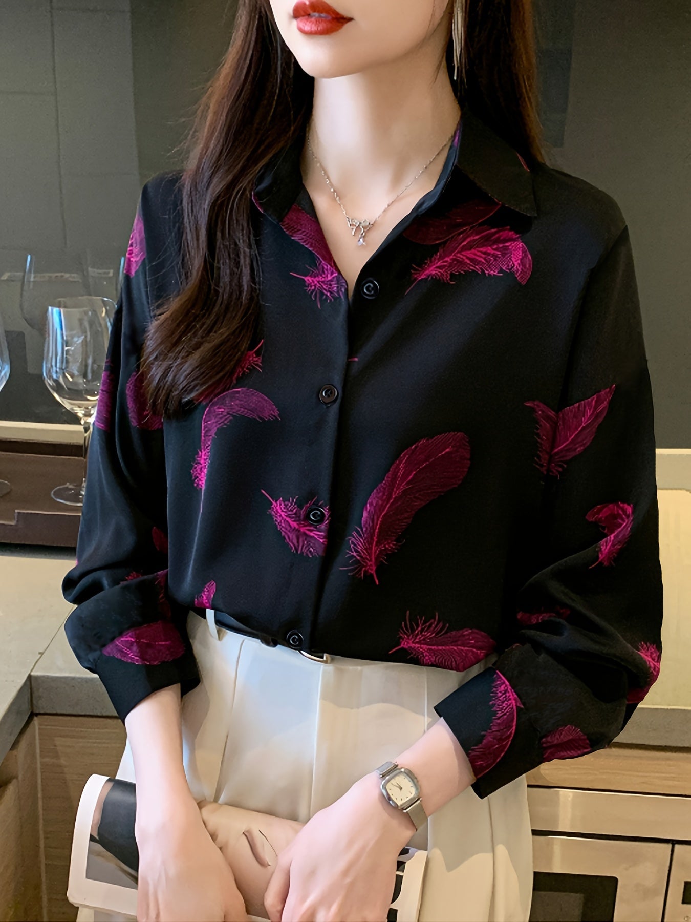 Women's Vintage Feather Print Long Sleeve Polo Shirt - Loose Fit Lapel Collar Blouse