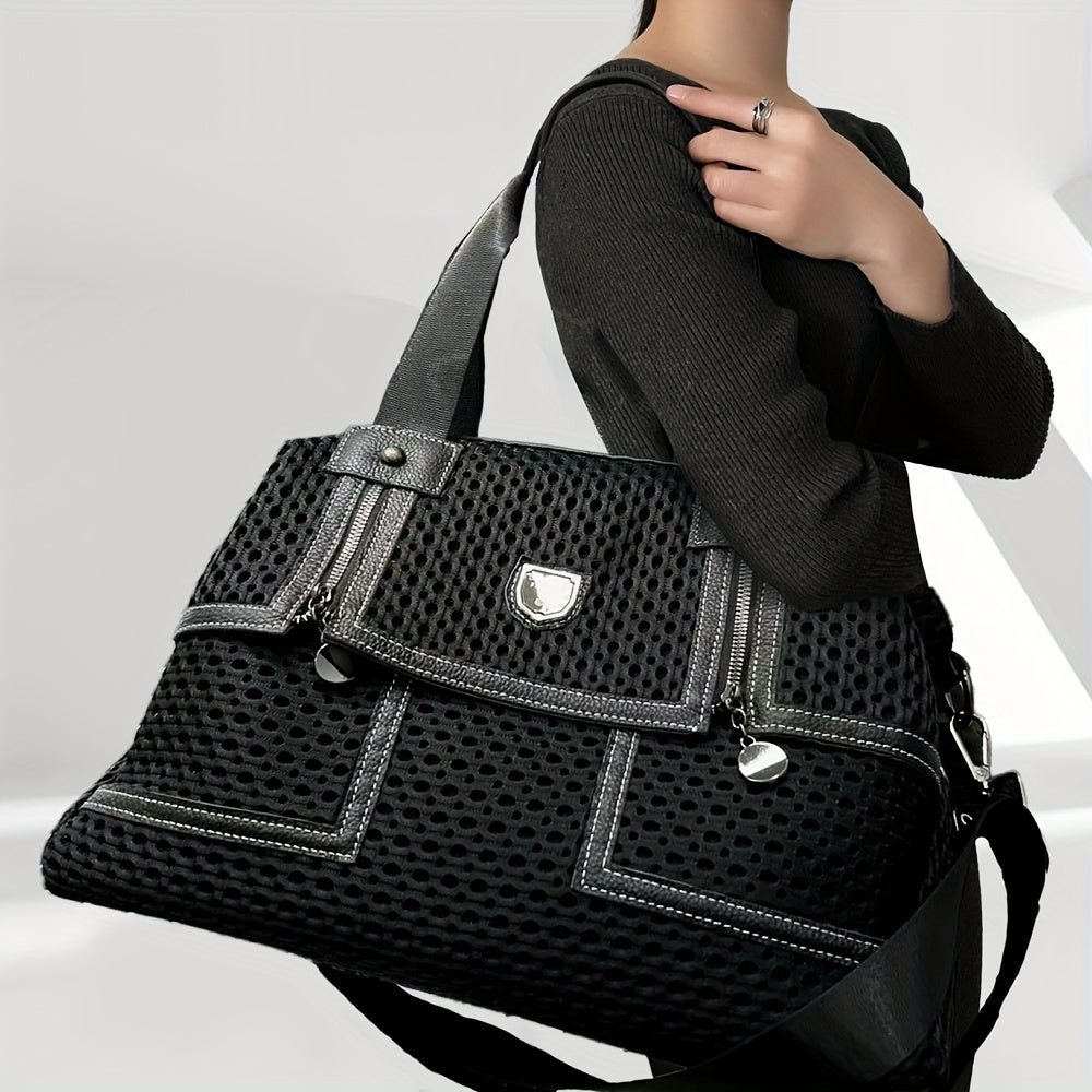 Retro Street Style Women's Mesh Splicing Bucket Bag – Large Capacity Detachable Nylon & Polyester Shoulder Bag with Rivet Strap, Black