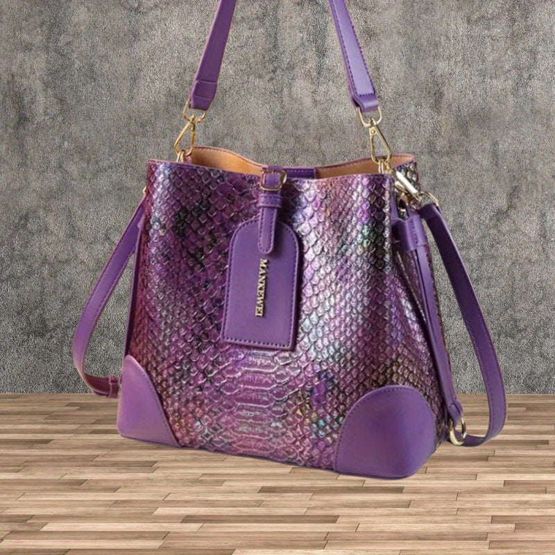 Women's Snake-Print Split Leather Crossbody Bucket Bag - Large Capacity, Adjustable Strap & Buckle Closure (Red, Khaki, Yellow, Blue, Green)