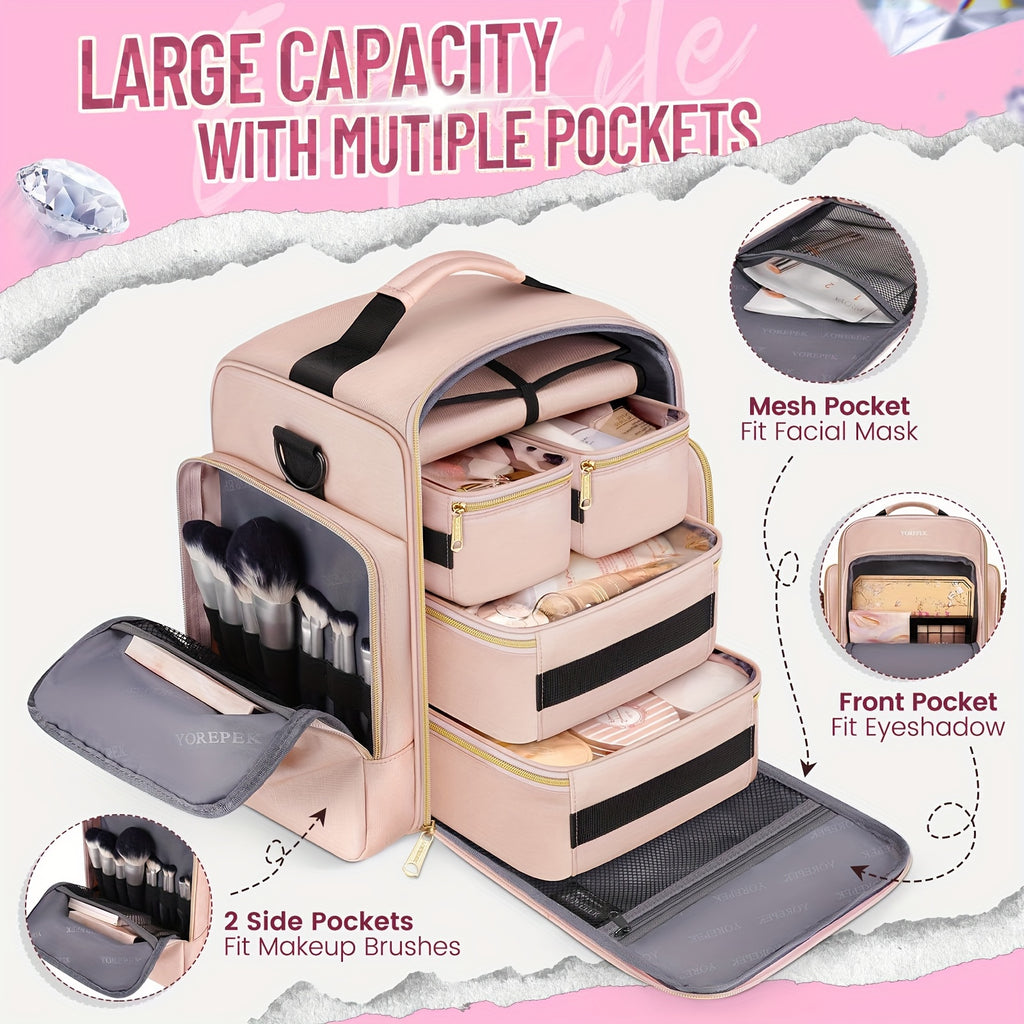 Large Travel Makeup Organizer for Women – Pink Cosmetic Bag with 4 Removable Cases & Jewelry Roll, Portable Toiletry Case with Multiple Pockets and Zipper Closure