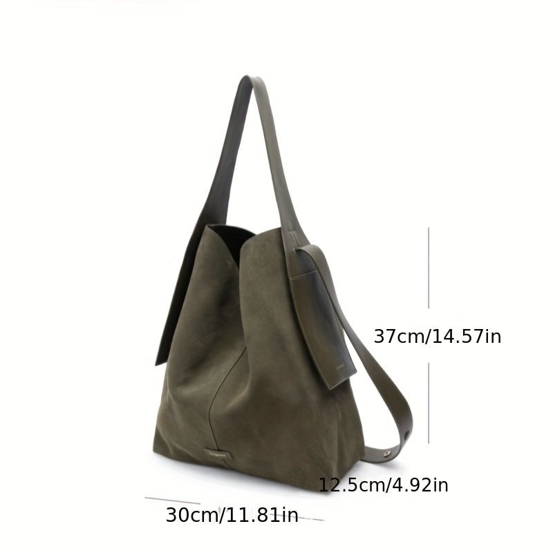 Genuine Leather Crossbody Bucket Bag - Olive Green & Caramel Tan Suede Lining, Ear-Hook Buckle, Single Shoulder Strap