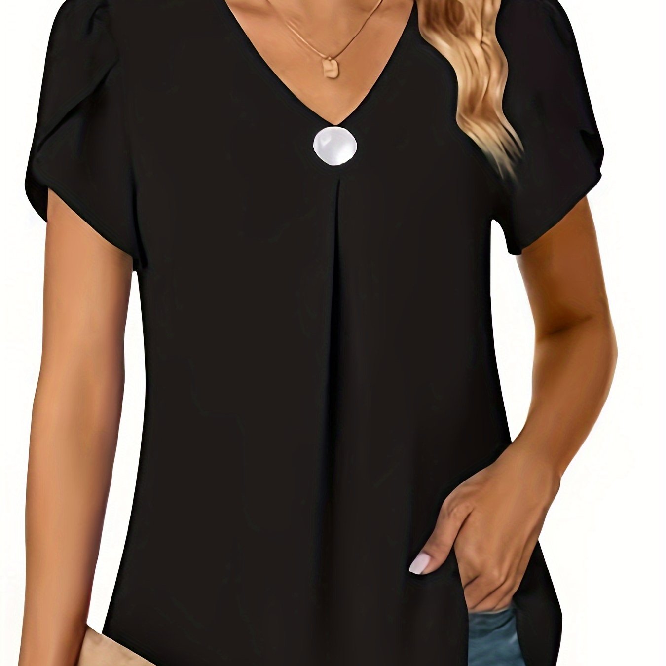 Women's Black Chiffon V-Neck Peplum Blouse with Ruffle Short Sleeves — Lightweight Polyester Summer Top