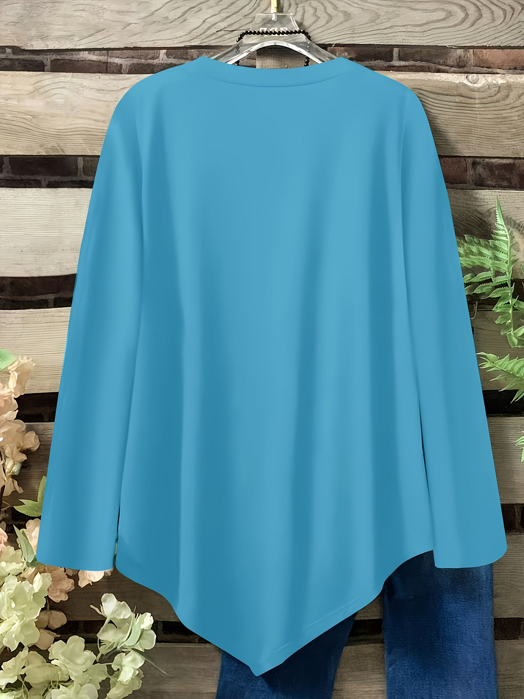 Plus Size Women's Loose Fit Long Sleeve Top with Button Detail, Round Neck & Asymmetrical Hem