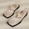 Women's Square Toe Block Heel Pumps – Beige & Gold Faux Leather, Low Thick Heel, Rubber Sole, All-Season Casual Heels