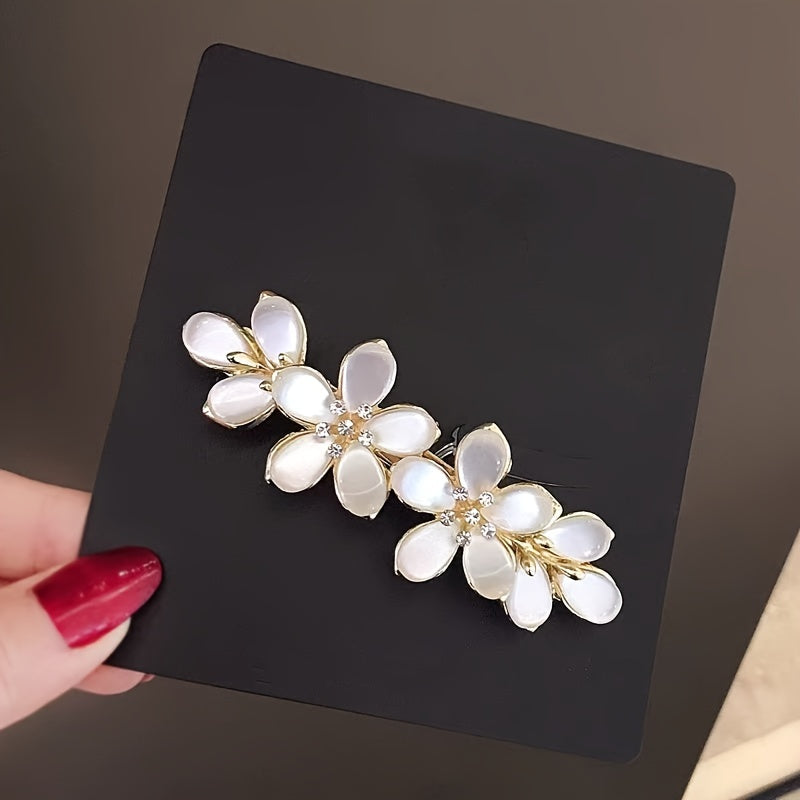 Elegant Floral Rhinestone Hair Barrette French Spring Clip for Bridal Half-Up Hairstyles and Ponytails