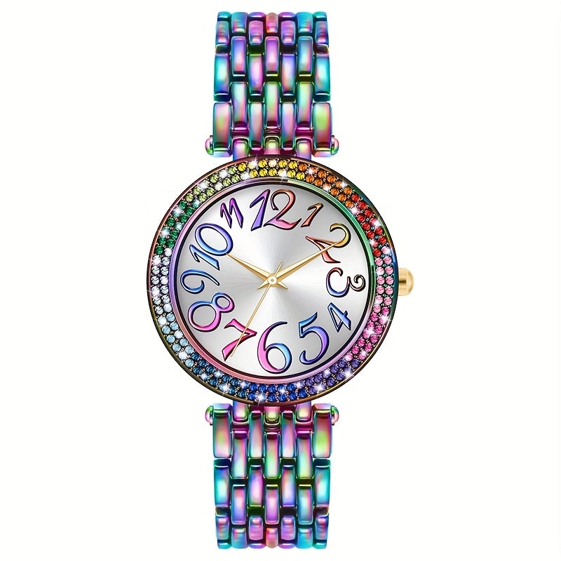 Women's Large-Dial Automatic Mechanical Watch – Iridescent Purple Dial, Gold Hands, 24-Hour Display, Stainless Steel Bracelet, Luxury Analog Wristwatch, Gift for Her