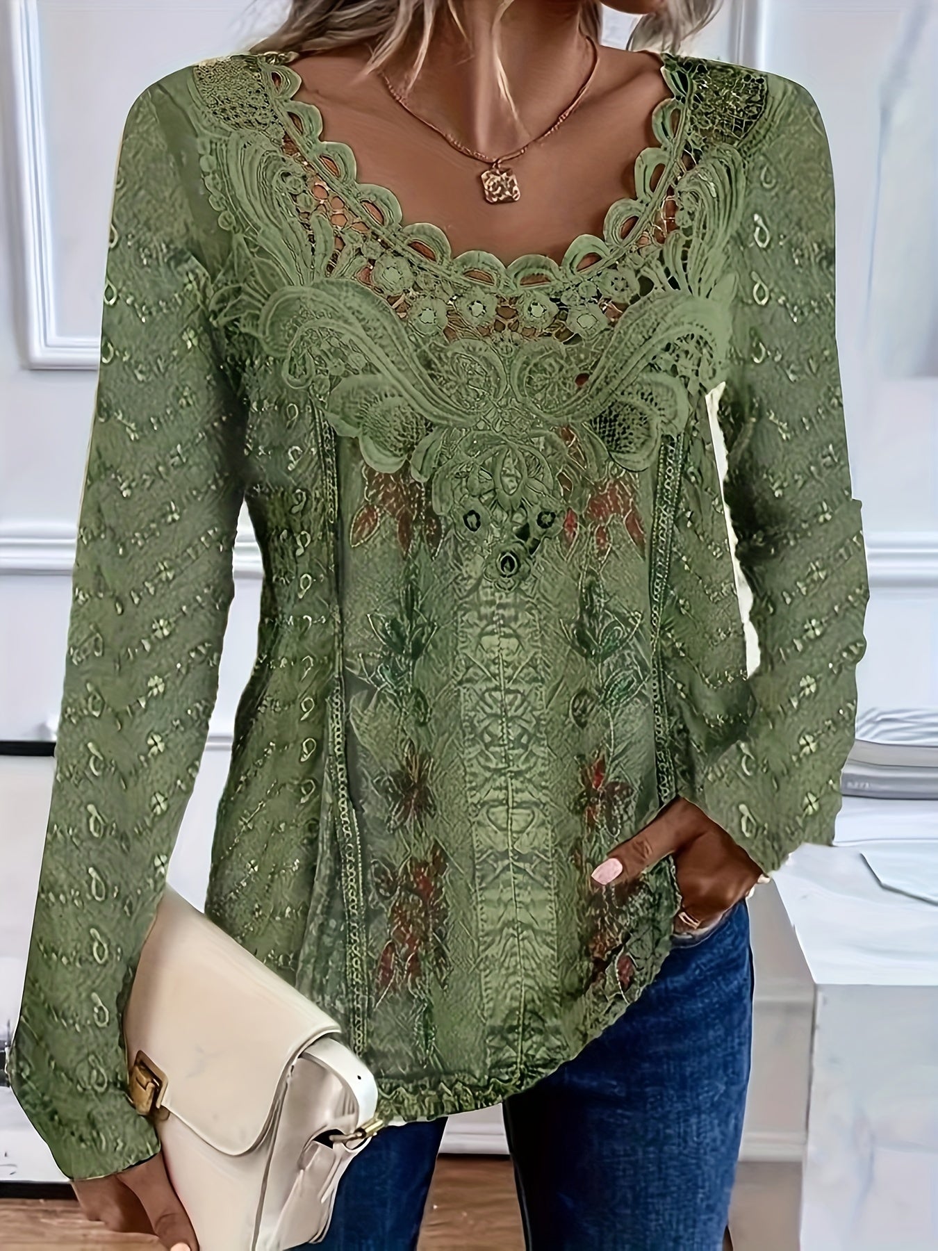 Women's Floral Long Sleeve Lace-Collar Tee — Elegant Spring & Fall Knit Top