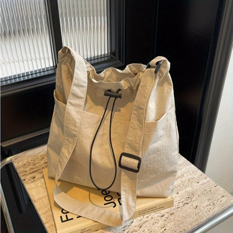 Women's Casual Crossbody Bucket Bag – Adjustable Strap & Drawstring Closure, Nylon-Style Minimalist Tote for Travel, Gym & Everyday (White, Black, Green, Dark Brown)