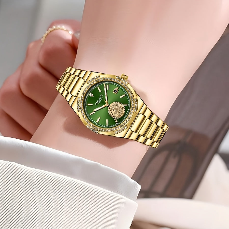 SAILANG Automatic Mechanical Unisex Watch – Green Luminous Dial, Gold-Tone Rhinestone-Embellished Case, Alloy Band, Date Display