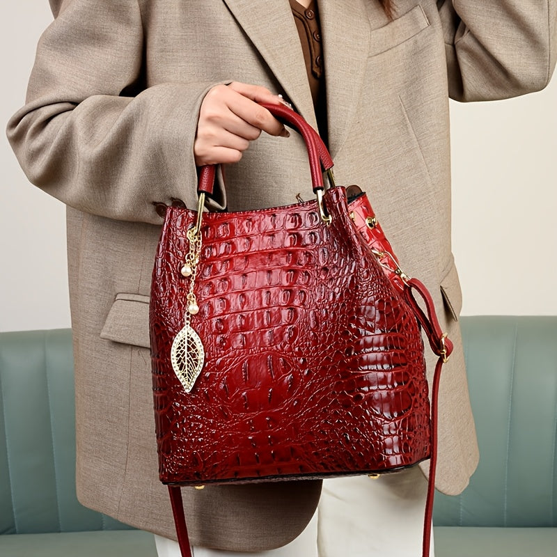 Women's Minimalist Crocodile PU Bucket Bag – Zipper Closure, Removable Strap Hand & Shoulder Bag (White, Red)