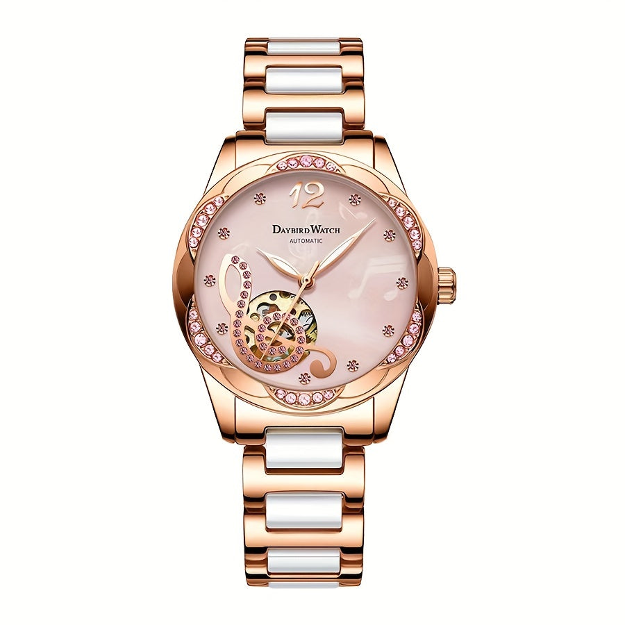 Women's Rose Gold Mechanical Skeleton Watch – Pink Dial, Roman Numerals, Hand-Winding Dress Watch