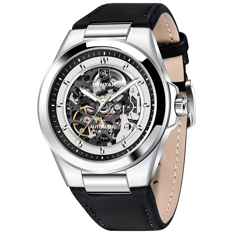 BY BENYAR Automatic Mechanical Unisex Watch – Luminous Round Dial, Blue & Gold Accents, PU Faux Leather Strap