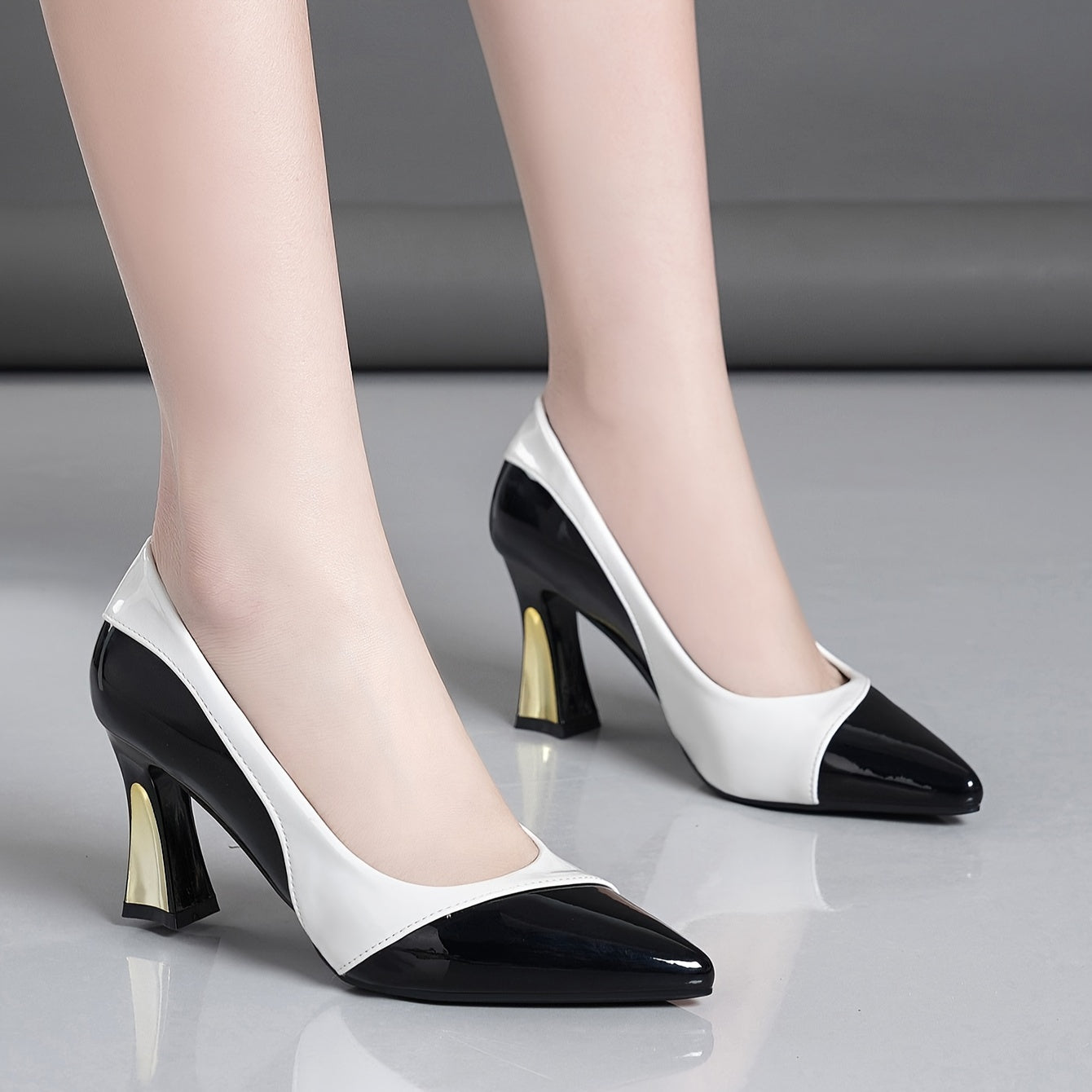 Colorblock Pointed-Toe Chunky Block Heel Pumps – Faux Leather Slip-On Dress Shoes for Women