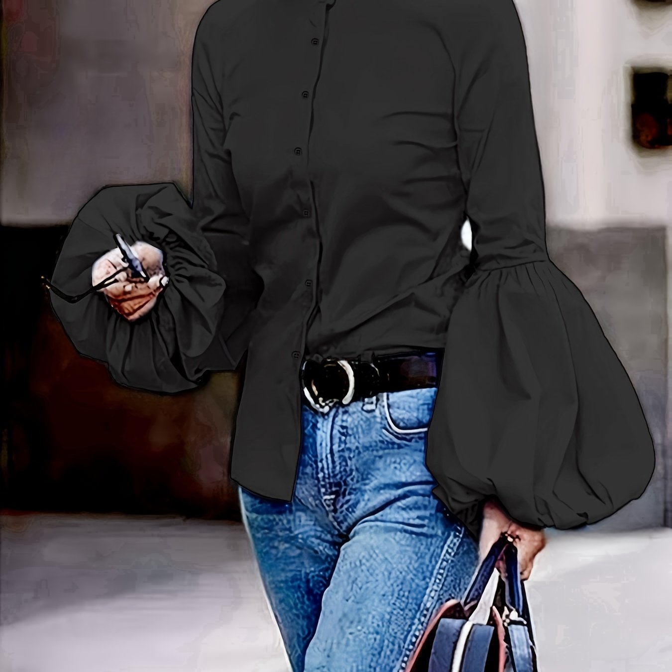 Urban Chic High-Neck Women's Blouse with Puff Sleeves - Slim Fit Long-Sleeve Button-Up Shirt in White