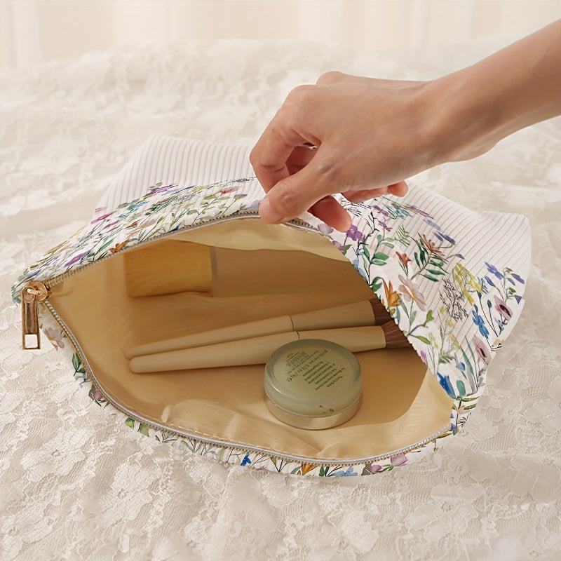 Floral Corduroy Makeup Bag - Zipper Travel Toiletry Pouch & Cosmetic Organizer, Portable Gift for Women