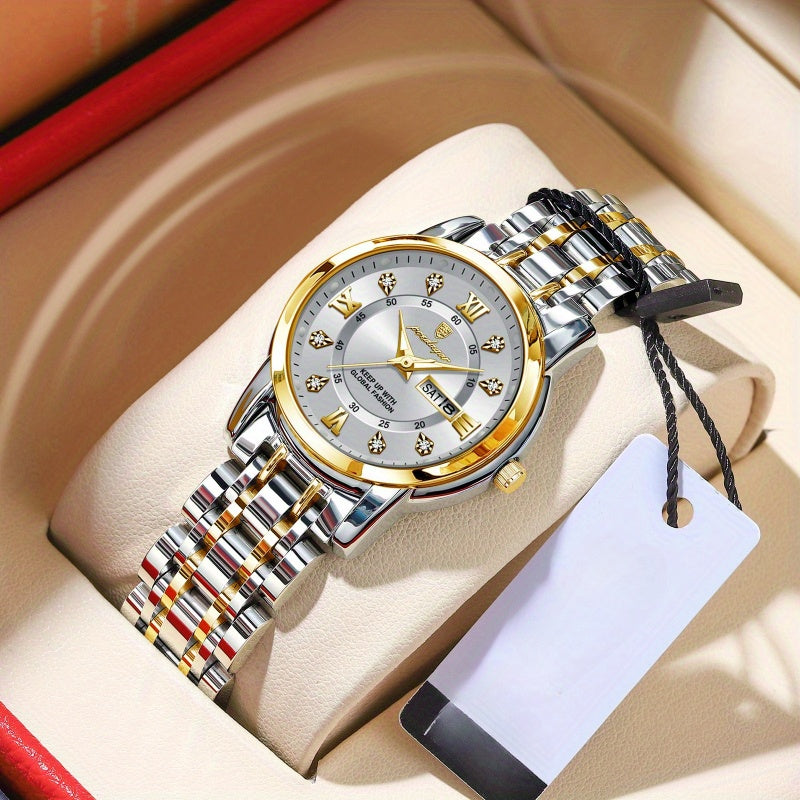 POEDAGAR Women's Elegant Mechanical Watch - Round Dial, Gold-Tone Hands, Stainless Steel Bracelet, Dual Day & Month Display, Jewelry-Style Wristwatch for Everyday & Formal Wear