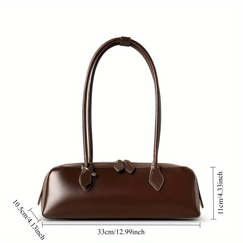 Genuine Leather Baguette Shoulder Bag for Women - Large Capacity Zipper Handbag, Lightweight Everyday Purse