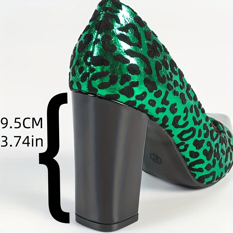 Women's Green Pointed-Toe Pumps - Ultra-High Block Heel 4+ in (10+ cm) Glossy Synthetic Upper Black Sole for Parties & Weddings