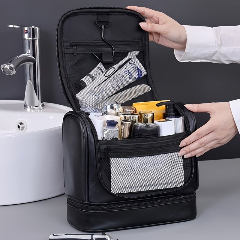 6-Tier Dual Compartment Toiletry & Makeup Organizer Bag with Hook — Large Capacity Travel Cosmetic Case, Black, Unisex