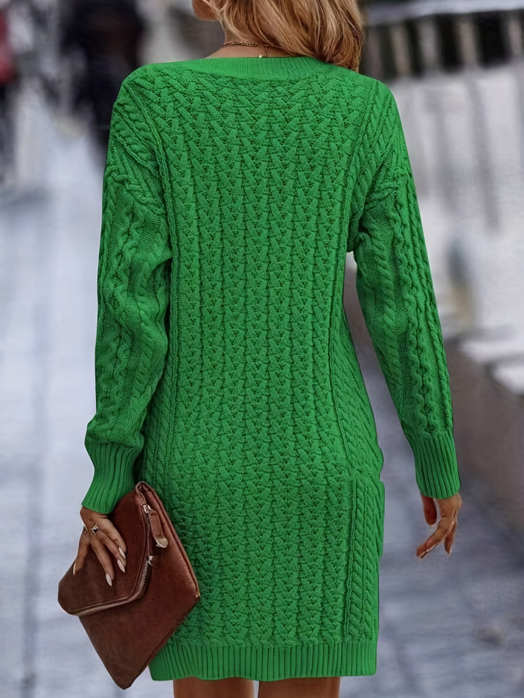 Women's V-Neck Cable Knit Midi Sweater Dress - Soft Pink Long Sleeve Bodycon, All-Season Office and Casual