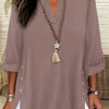 Plus Size Faux Denim Blouse with Decorative Buttons & Tassel Knot Front High-Low Hem Spring/Summer Polyester Blend