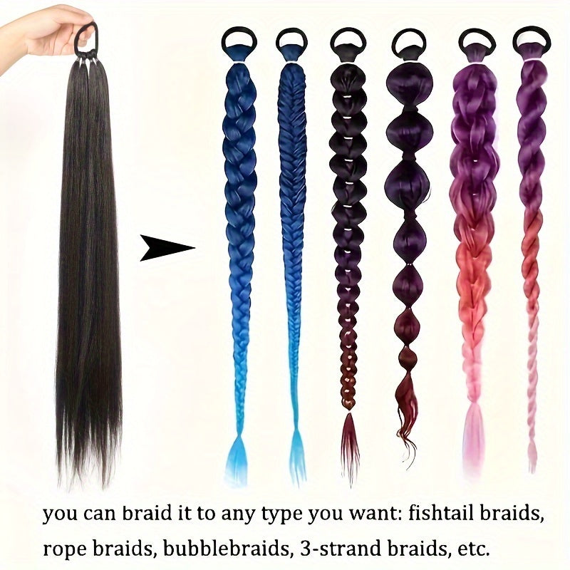28-Inch (71 cm) Long Straight Synthetic Ponytail Extension, Wrap-Around Boxing Braid with Elastic Hair Ring for DIY