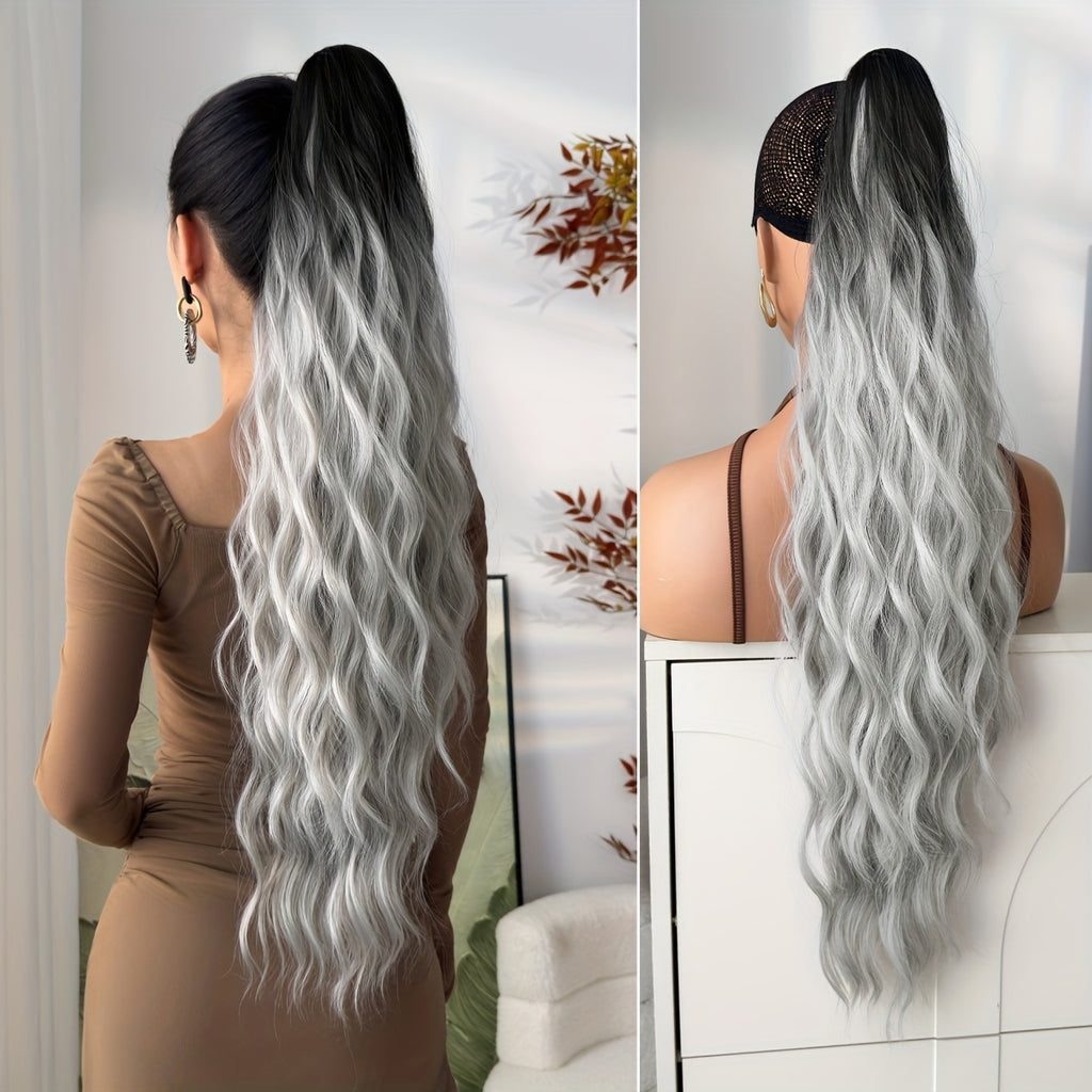 28-Inch (70 cm) Claw Ponytail Extension – Ombre Water Wave Heat-Resistant Synthetic Hair, Black to Dark Brown