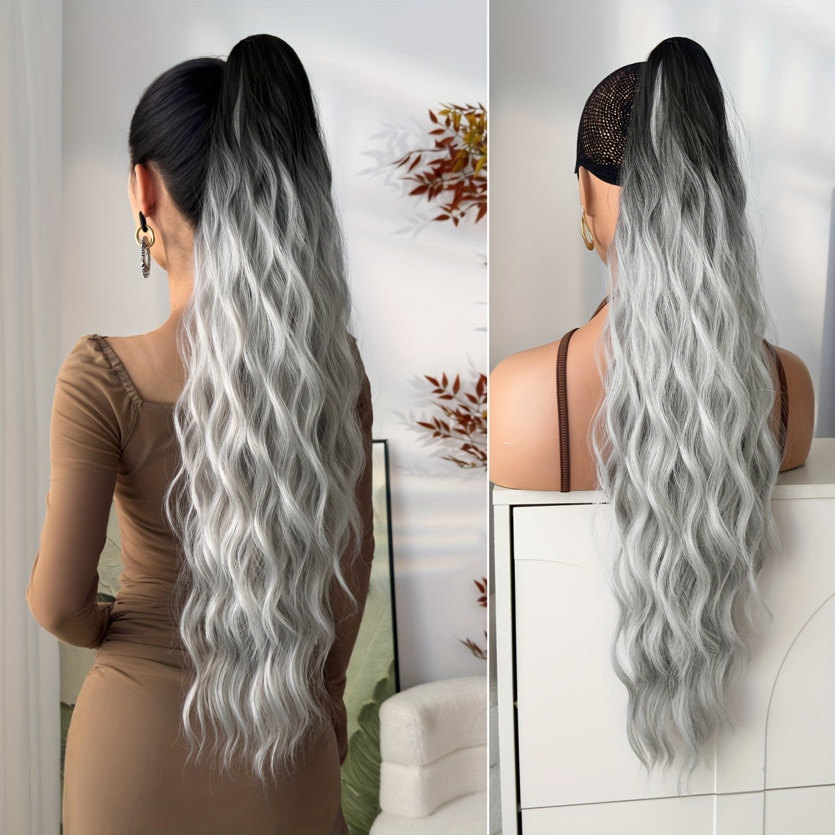 28-Inch (70 cm) Claw Ponytail Extension – Ombre Water Wave Heat-Resistant Synthetic Hair, Black to Dark Brown