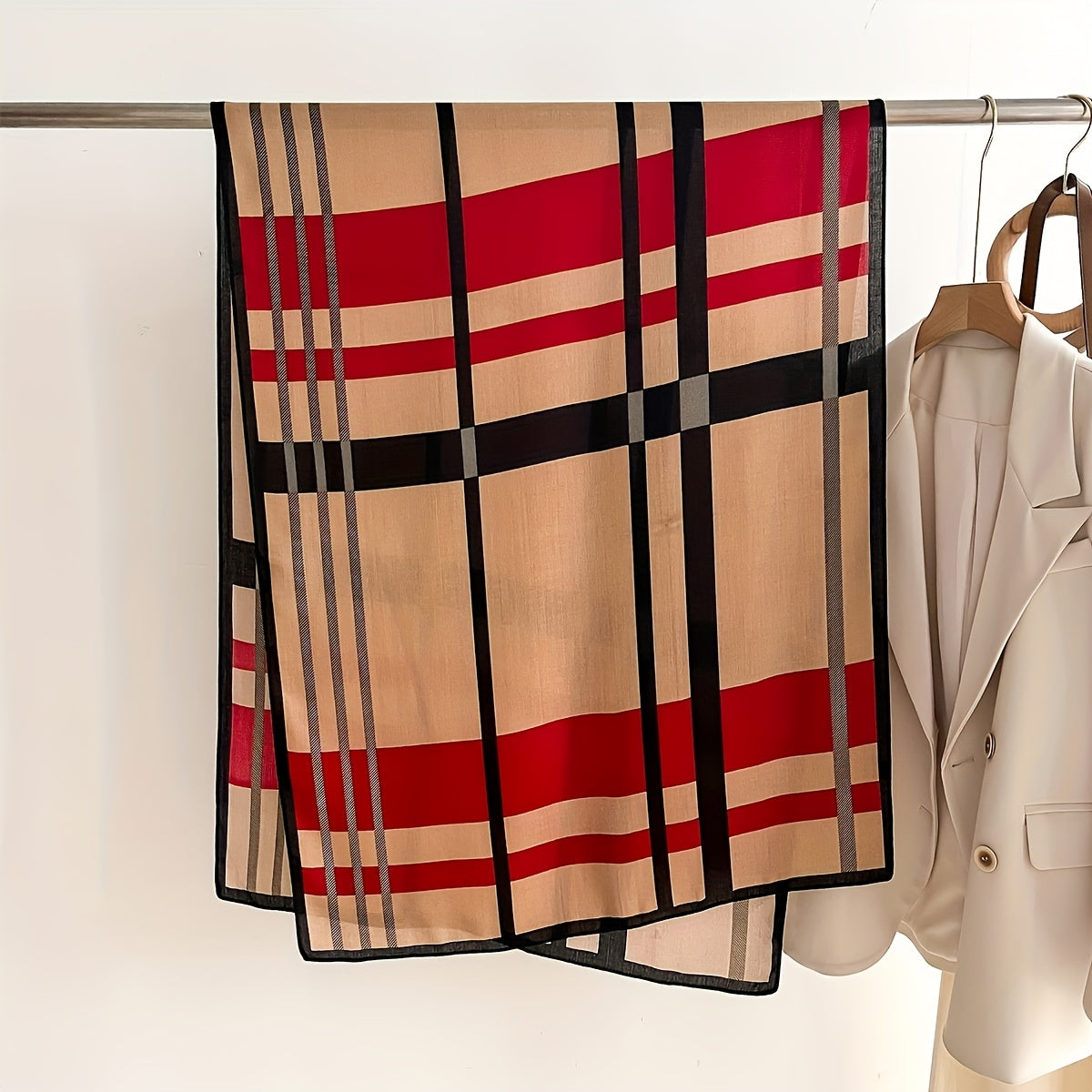 Color Block Striped Scarf for Women - Soft Warm Faux Shawl Wrap in Red Polyester