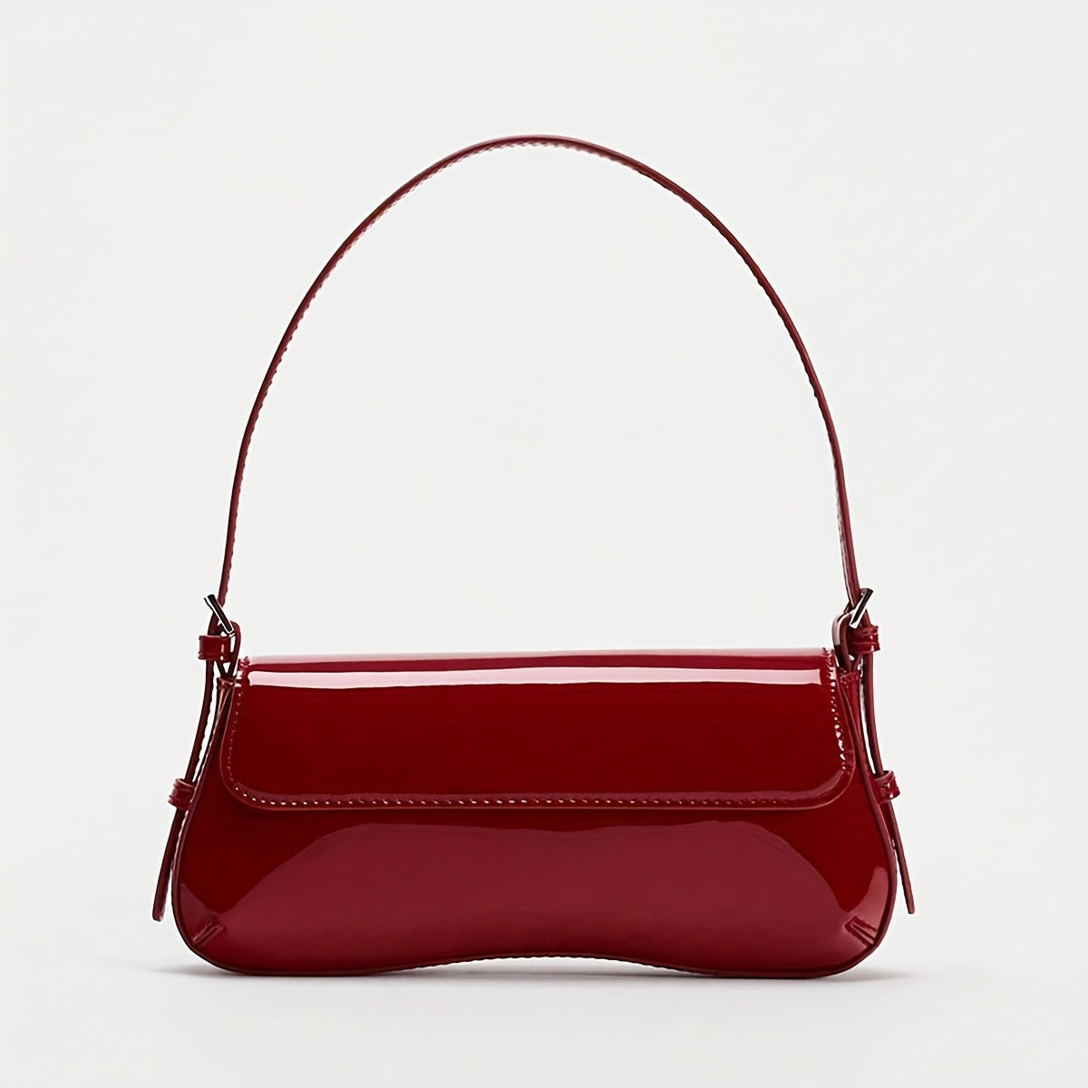 Burgundy PU Baguette Shoulder Bag - Adjustable Strap, Magnetic Closure, Two-Tone Hardware, Glossy Purse for Office & Date Night