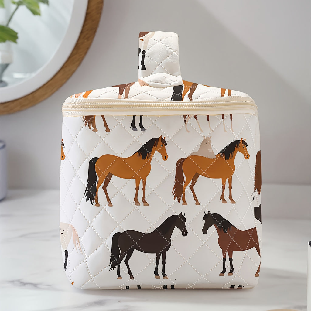Horse Print Makeup Bag - Travel Cosmetic Case Organizer for Brushes & Toiletries, Durable Polyester, Zip Closure, Multi-Compartment