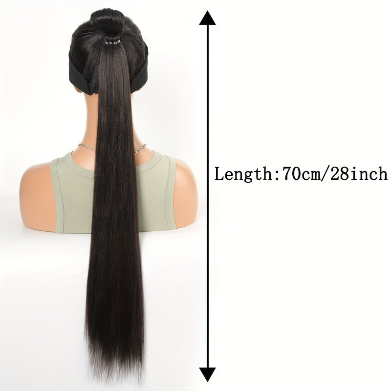 28-Inch (71 cm) Long Straight Synthetic Ponytail Extension, Wrap-Around Boxing Braid with Elastic Hair Ring for DIY
