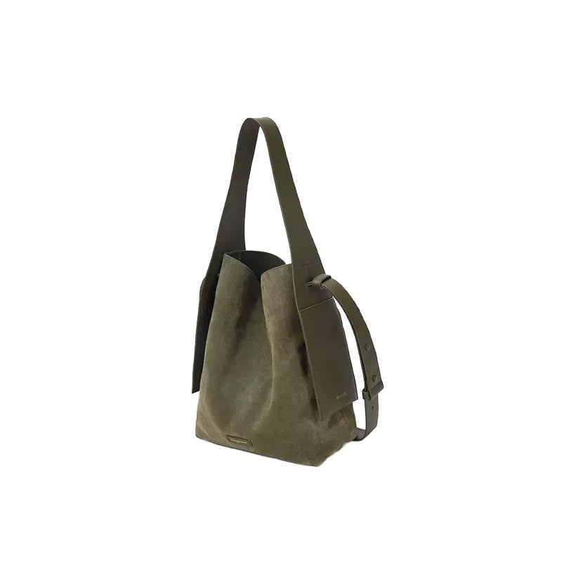 Genuine Leather Crossbody Bucket Bag - Olive Green & Caramel Tan Suede Lining, Ear-Hook Buckle, Single Shoulder Strap