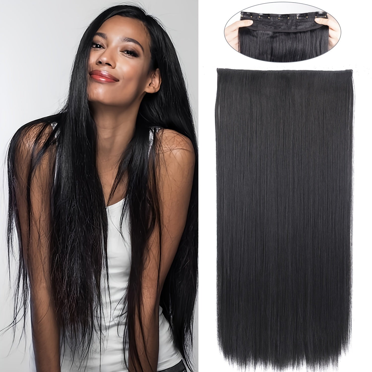 Long Straight Clip-In Hair Extension for Women – One-Piece Synthetic Ponytail Hairpiece, Seamless Natural-Looking Claw Clip