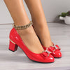 Women's Black Rhinestone Bow Pumps, Glossy Slip-On Block Heel Round Toe Dress Shoes