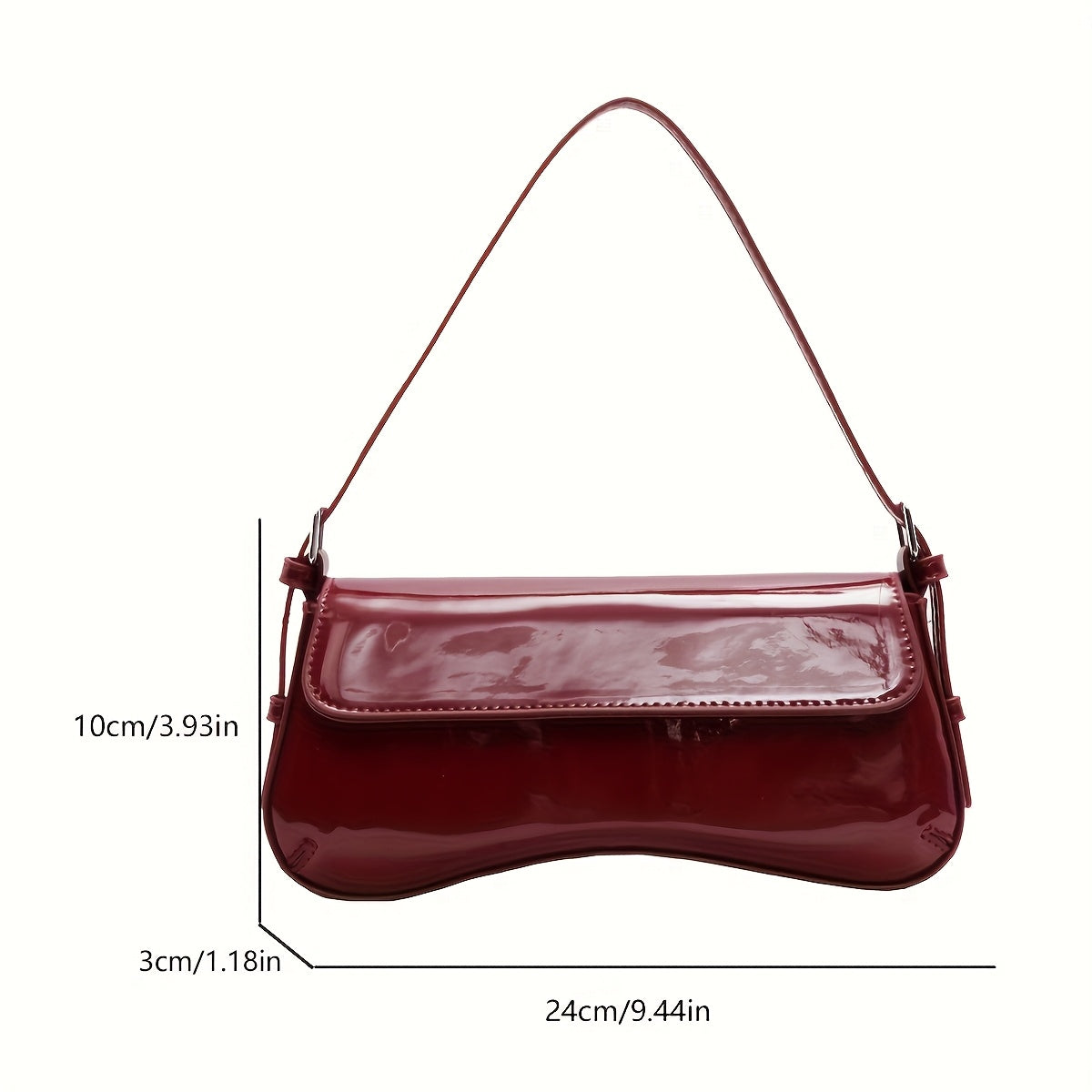 Burgundy PU Baguette Shoulder Bag - Adjustable Strap, Magnetic Closure, Two-Tone Hardware, Glossy Purse for Office & Date Night