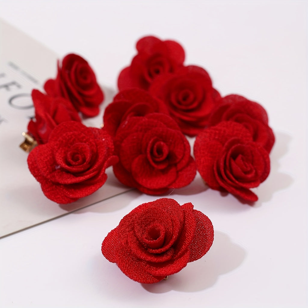 10-Pack Red Fabric Rose Hair Clips – Romantic Bridal, Wedding & Valentine's Day Floral Headwear