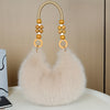 Women's Plush Faux Fur Tote & Crossbody Bag with Beaded Strap – Zipper Closure, Gold-Tone Beads, Multiple Colors