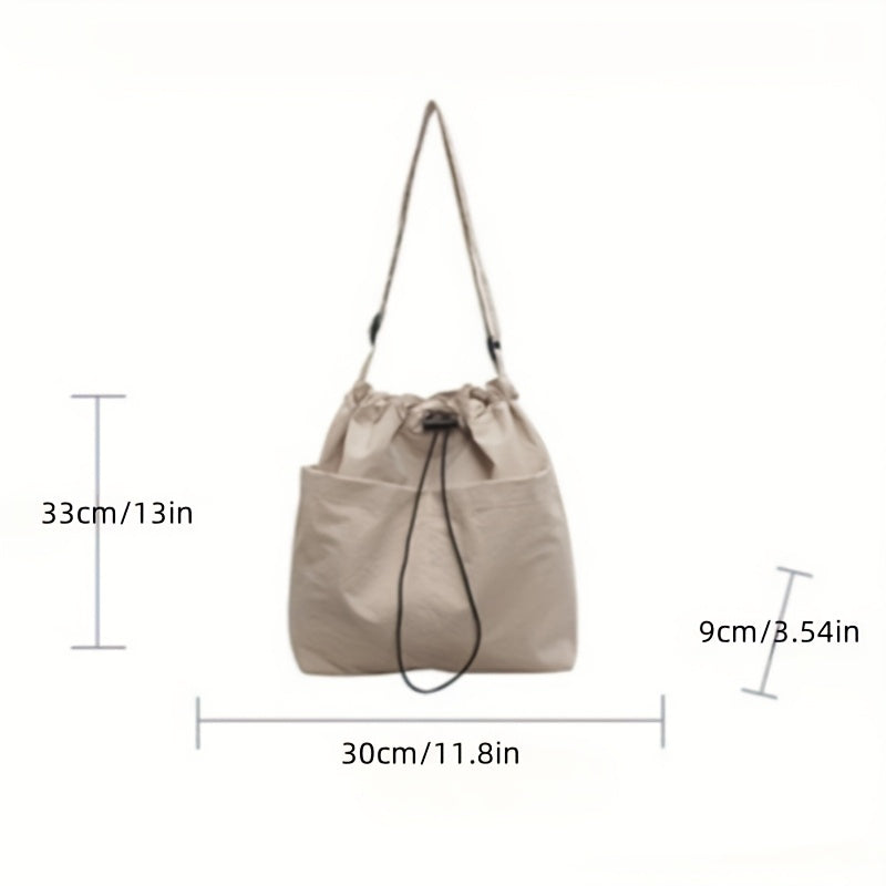 Women's Casual Crossbody Bucket Bag – Adjustable Strap & Drawstring Closure, Nylon-Style Minimalist Tote for Travel, Gym & Everyday (White, Black, Green, Dark Brown)