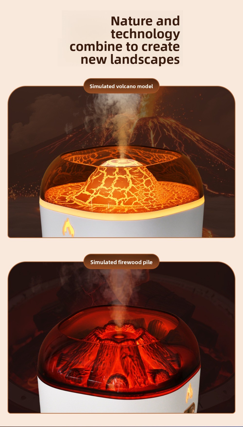 7-Color USB Volcano Aromatherapy Diffuser Humidifier with Ambient Nightlight for Home, Office & Car