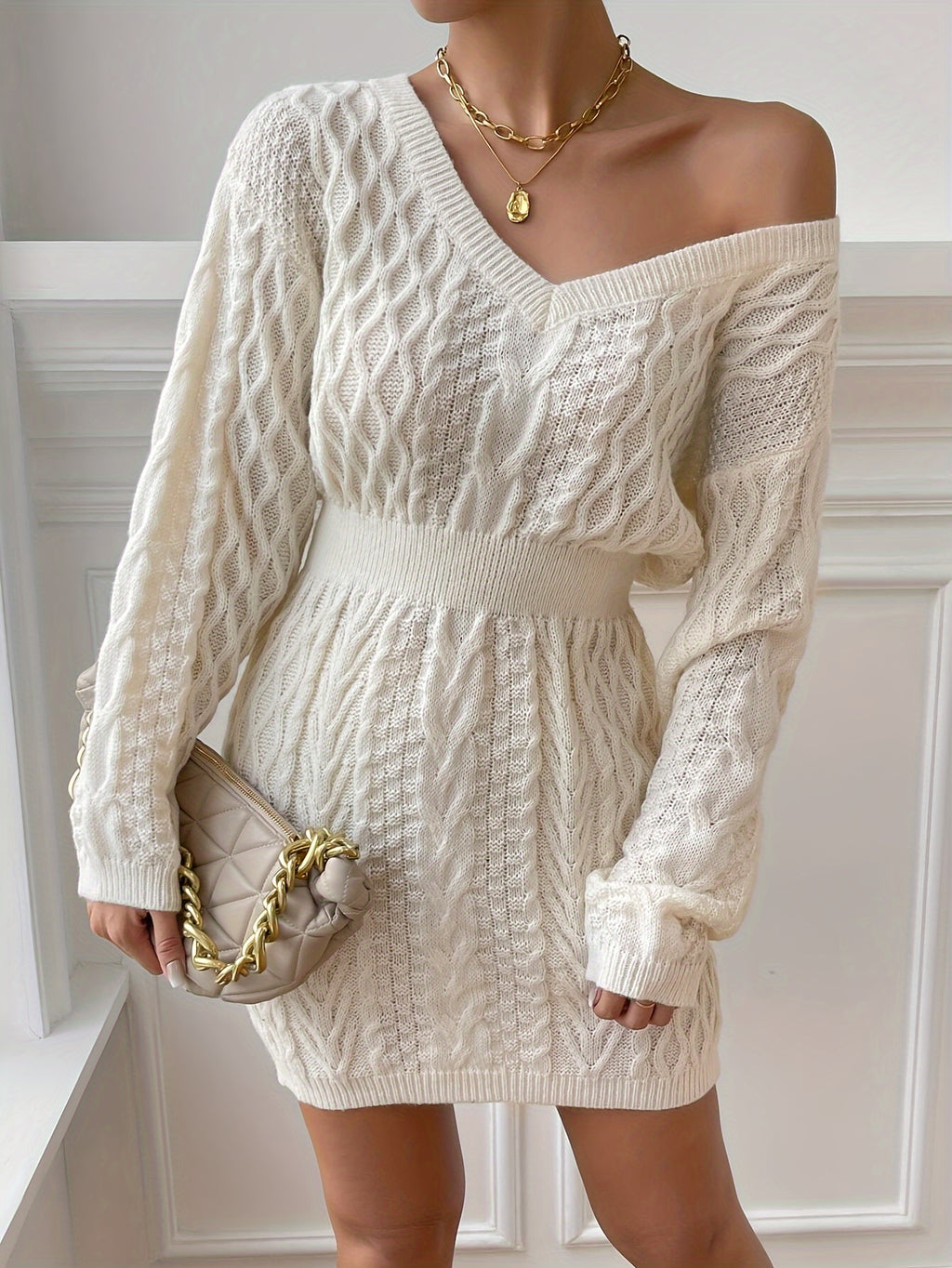 Women's Beige V-Neck Long Sleeve Sweater Dress – Stretch Knit, Form-Fitting Office-to-Party