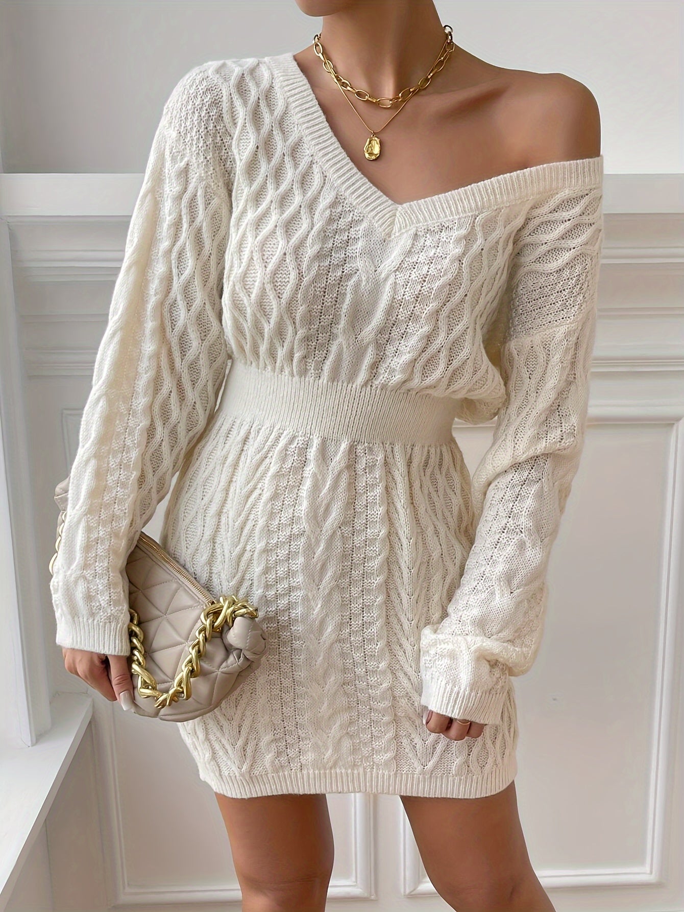 Women's Beige V-Neck Long Sleeve Sweater Dress – Stretch Knit, Form-Fitting Office-to-Party